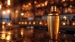 Gold cocktail shaker on black bar, candlelight, close-up, speakeasy vibe