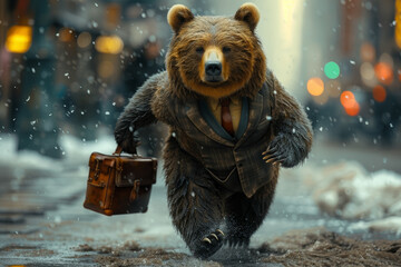 Wall Mural - A bear in a business suit rushing through the crowded streets of the city, briefcase in hand, headed to an important meeting on a bustling Monday morning.  Generative Ai.