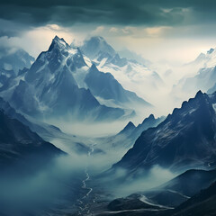 Poster - A mountain range shrouded in mist.