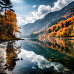 Wall Mural - A peaceful mountain lake surrounded by autumn foliage