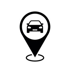 Wall Mural - car rental location map pointer, automobile icon with location pin, black symbol isolated on white b
