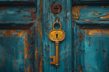 Poster - A key unlocking a mysterious door, symbolizing discovery and opportunity as it opens new pathways and possibilities. Concept of discovery and exploration. Generative Ai.