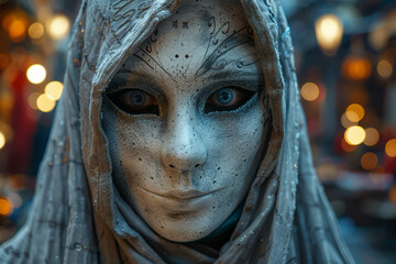 Poster - a mask worn by a performer on stage, concealing their true identity and allowing them to embody diff
