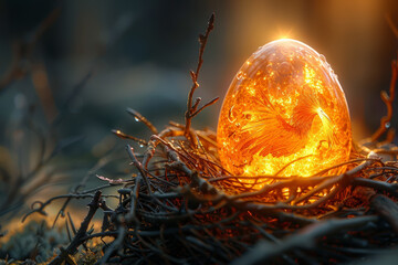 Poster - A phoenix egg nestled in a nest of twigs and feathers, waiting to hatch and unleash the power of rebirth and renewal. Concept of potential and transformation. Generative Ai.