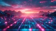 Virtual neon grid landscape, 80s cyber vibe, digital horizon, glowing lines