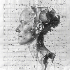 Sticker - A woman's face is drawn on a sheet of music notes. The image is abstract and has a moody, mysterious feel to it