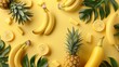 pineapple, banana, top view, summer background, international fruits day. Top View of Fresh pineapple and banana Pile on Background