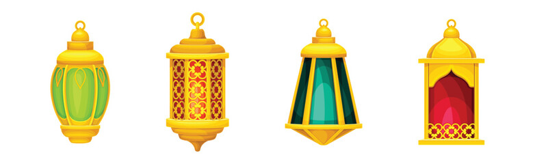 Wall Mural - Arab Lantern with Golden Frame and Hoop Vector Set