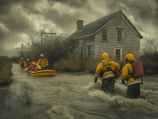 Wall Mural - A group of firefighters are in a flooded area, trying to rescue people. Scene is tense and serious, as the firefighters are working hard to save lives