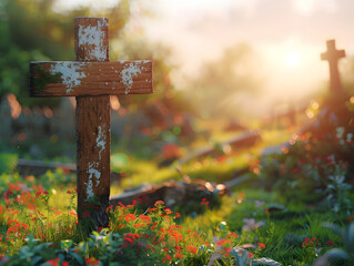 A wooden cross standing in a field with a dirt path leading up to it. The sun is setting in the background, The sky is filled with clouds, and the grass is tall and green