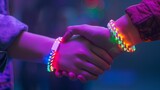 Fototapeta  - Close-Up of Two People Wearing Light-Up Bracelets Shaking Hands