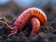 a vibrant red worm wriggling through rich soil, highlighting its intricate details and textures