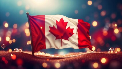 Wall Mural - Vibrant Canadian flag standing tall and waving on bokeh background with bubbles, glowing balls and festive lights, Celebrating patriotism on Canada Day