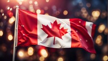 Artistic Canadian Flag On Pole And Waves With Bokeh Lights, Abstract Dark Background, Celebrating Happy Canada Day