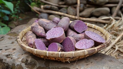 Poster - A basket of purple potatoes on a rock