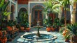 Enchanting Oasis: A Colorful Moroccan Courtyard with Lush Greenery and Serene Fountain