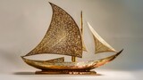Fototapeta  - Elegant Wooden Sailboat Model with Intricate Metal Sails, Perfect for Nautical Decor