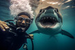Shark attacks scuba diver underwater with wide open mouth