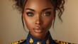 Close-up portrait of a young woman with flawless skin and makeup, wearing a military-style jacket with golden epaulettes, exuding confidence and elegance.