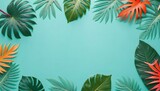 Fototapeta Koty - Summer time, frame background, template, tropical leaves on pastel background, copy space, top view.