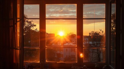 Wall Mural - Sunset seen through window with distant city