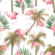 Watercolor seamless pattern with exotic flamingo, palm trees on white background. Summer decoration print for wrapping, wallpaper, fabric. Hand drawn illustration