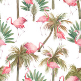 Fototapeta Sypialnia - Watercolor seamless pattern with exotic flamingo, palm trees on white background. Summer decoration print for wrapping, wallpaper, fabric. Hand drawn illustration