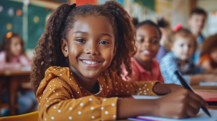 a group of children are seated at individual desks in a classroom, engaging in school activities