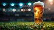 glass of beer on the background of the stadium, space for text
