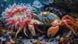 Crab on rocks near sea anemone