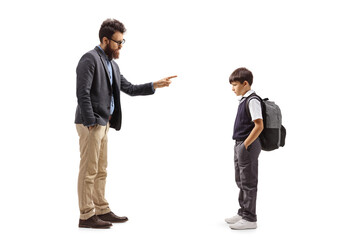 Sticker - Full length profile shot of a father reprimanding a schoolboy