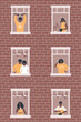 People at the window in brown house. Black  people. Neighbors. Stay at home concept. Vector illustration