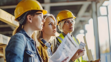 Two female inspectors and architects discuss with head engineer about construction project.People at work concept