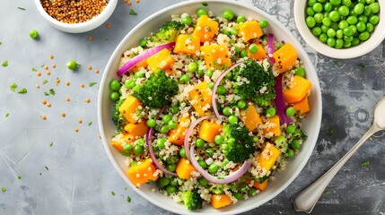 Wall Mural - Vegetarian quinoa and broccoli warm salad with baked butternut squash or pumpkin, green peas and fresh red onion, top down view