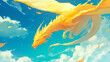 Dragão amarelo voando no céu azul - Ilustração