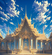 Thai temple with blue sky and white clouds. 3d rendering