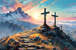 Three crosses on a hill at sunset. Watercolor illustration