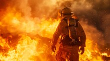 A Firefighter Heroically Standing Amidst A Sea Of Flames