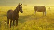 Horses grazing field background cows