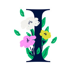 Wall Mural - an elegant letter i decorated with flowers. the floral alphabet. personalized poster. print for the 