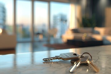 Realistic photo of keys on the counter in modern room. Generate AI image