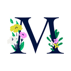 Wall Mural - an elegant letter m decorated with flowers. the floral alphabet. personalized poster. print for the 