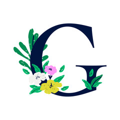 Wall Mural - an elegant letter g decorated with flowers. the floral alphabet. personalized poster. print for the 