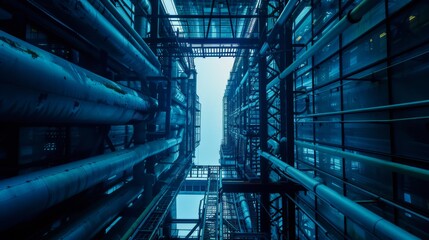 Poster - Tall Building with Numerous Pipes and Windows