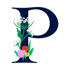 Wall Mural - an elegant letter p decorated with flowers. the floral alphabet. personalized poster. print for the 
