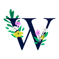 Wall Mural - an elegant letter w decorated with flowers. the floral alphabet. personalized poster. print for the 