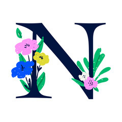 Wall Mural - an elegant letter n decorated with flowers. the floral alphabet. personalized poster. print for the 