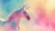Portrait Of Unicorn On Rainbow Sky Background With Copy Space. Fantasy Magic Unicorn Creature On Dreamy Colorful Pink Rainbow Background Sky.