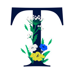 Wall Mural - an elegant letter t decorated with flowers. the floral alphabet. personalized poster. print for the 