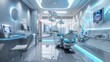 In this futuristic dental office, a sleek and modern aesthetic prevails with white walls and accents of blue, creating a calming atmosphere
